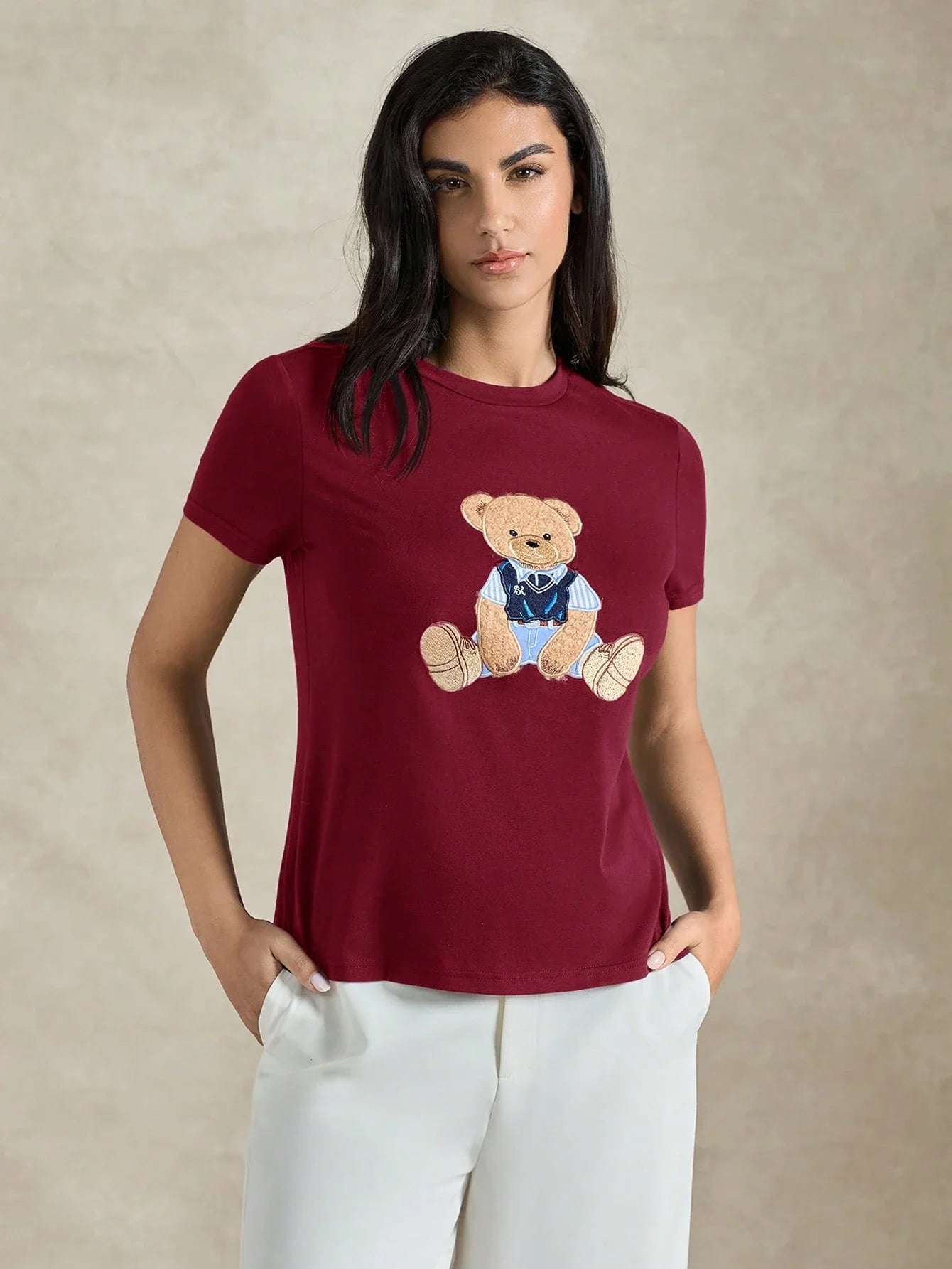 Women's Round Neck Bear Embroidery Casual Versatile Daily Wear Short Sleeve T-Shirt shein