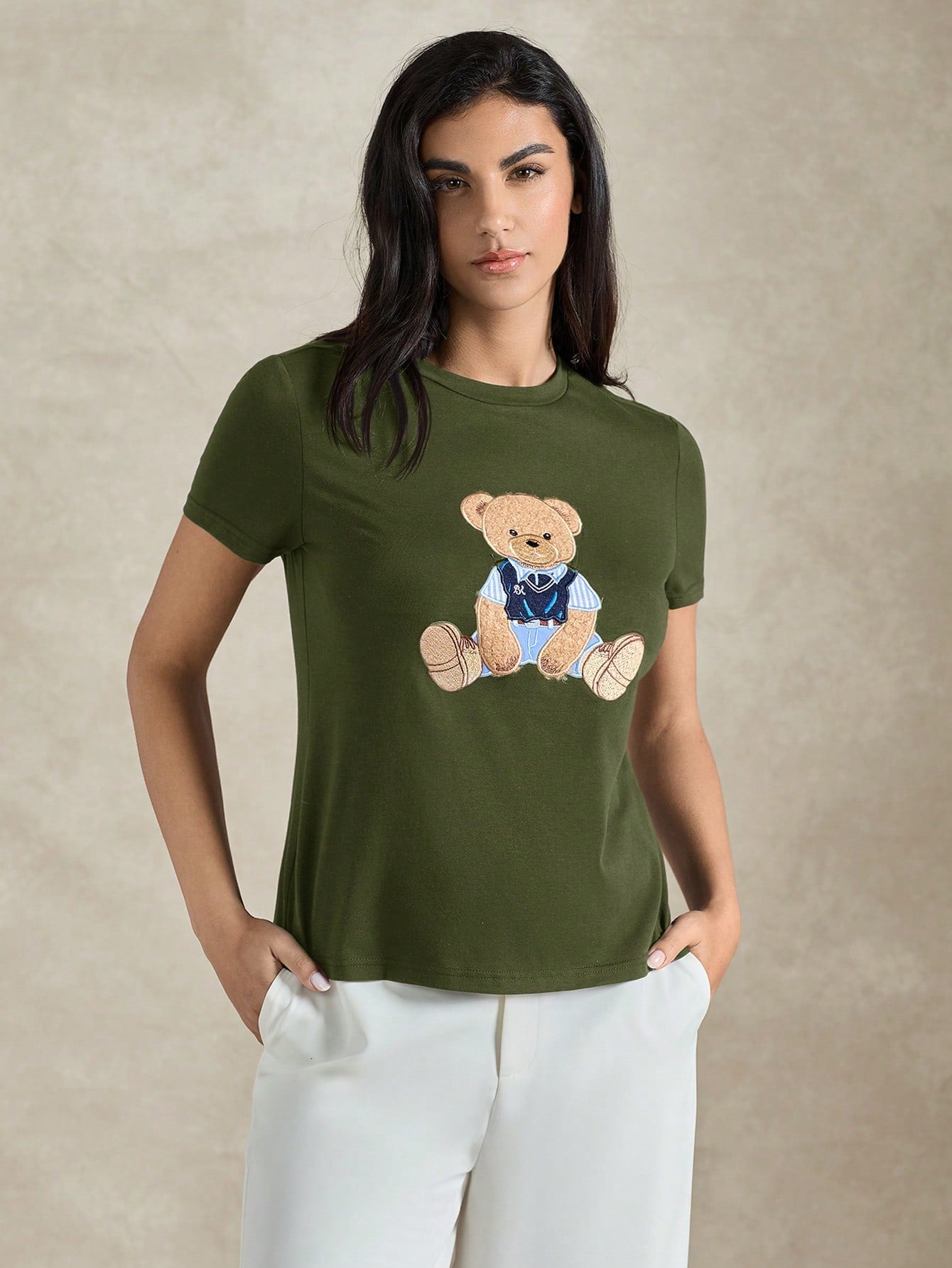 Women's Round Neck Bear Embroidery Casual Versatile Daily Wear Short Sleeve T-Shirt shein