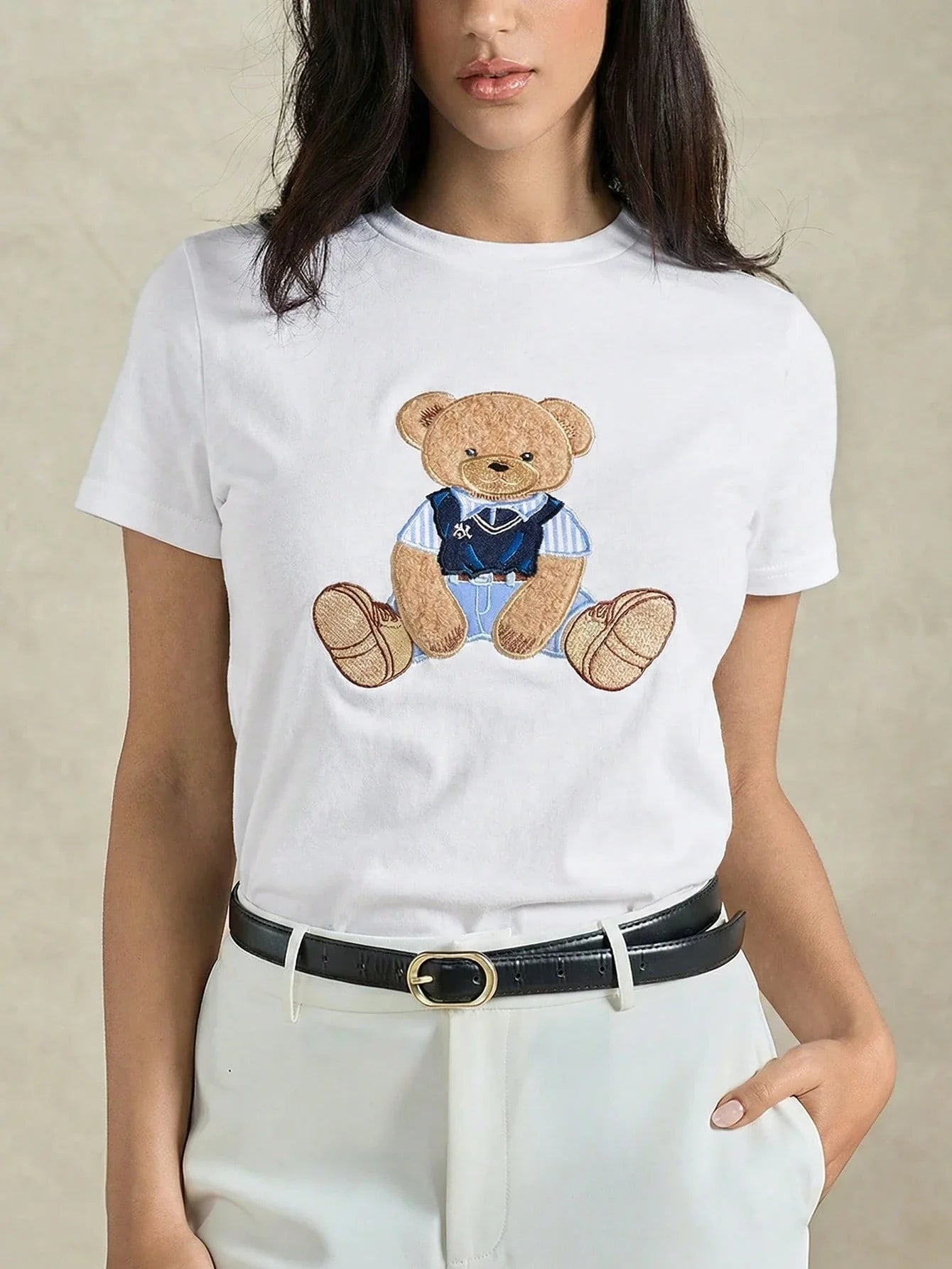 Women's Round Neck Bear Embroidery Casual Versatile Daily Wear Short Sleeve T-Shirt shein