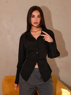 Bris Aura Casual Women's Elegant Button Front Tie Back Waist Cinched Chic Shirt