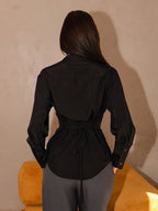 Bris Aura Casual Women's Elegant Button Front Tie Back Waist Cinched Chic Shirt