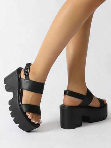 Buckle Decor Platform Slingback Sandals shein