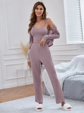 Button Front Top & Cami Top & Pants Lounge Set shein