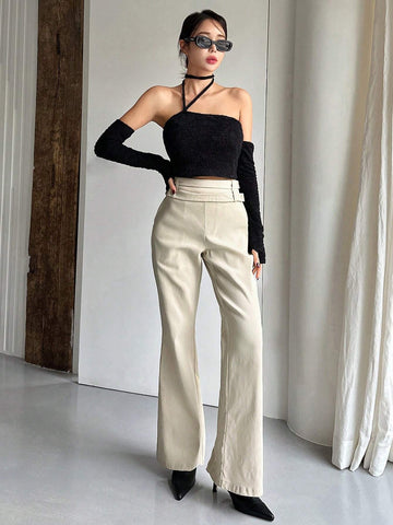 Button Waist Slant Pocket Flare Leg Pants shein