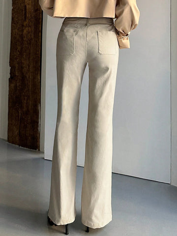 Button Waist Slant Pocket Flare Leg Pants shein