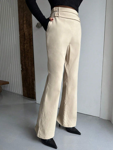 Button Waist Slant Pocket Flare Leg Pants shein