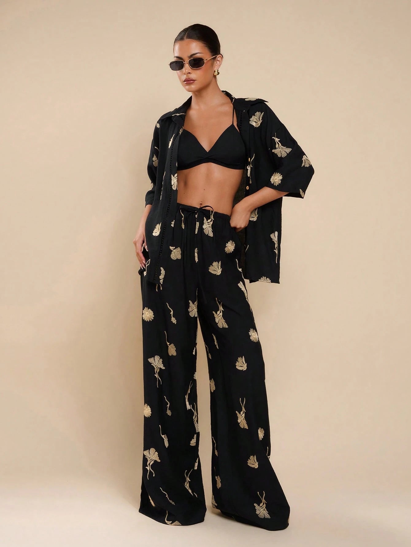 Women Embroidery Decor Casual Versatile Straight Leg Pants