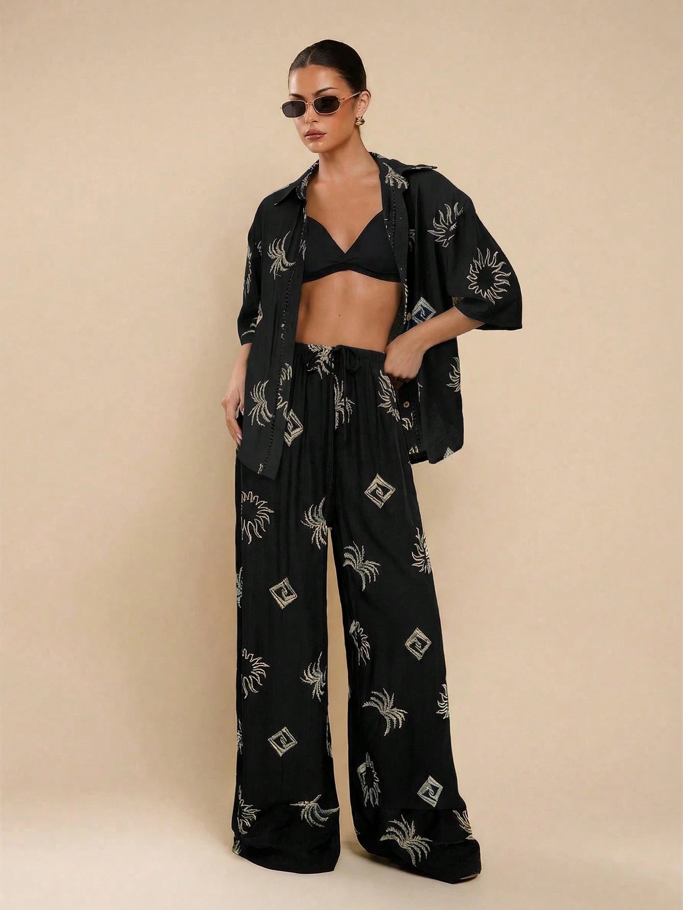 Women Embroidery Decor Casual Versatile Straight Leg Pants shein