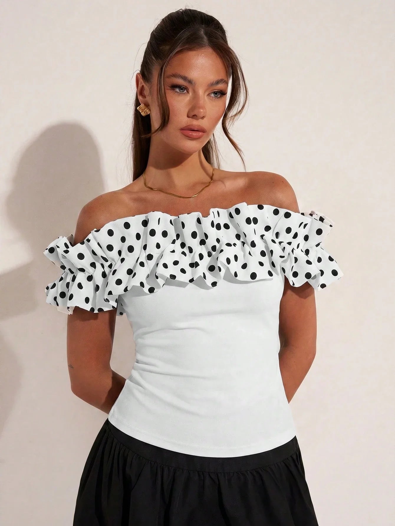 Women's Elegant Vacation Polka Dot Off Shoulder Top shein