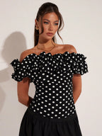 Women's Elegant Vacation Polka Dot Off Shoulder Top shein
