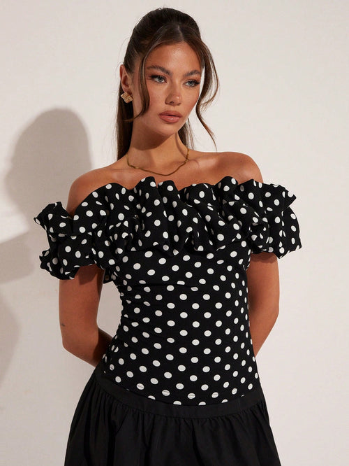 Women's Elegant Vacation Polka Dot Off Shoulder Top shein