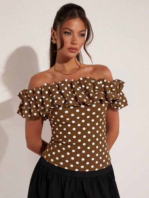 Women's Elegant Vacation Polka Dot Off Shoulder Top shein