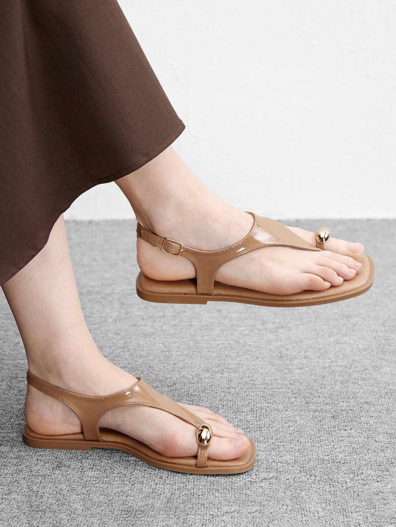 Square Toe Flat Bottom Black Strip Buckle Women's Flat Sandals shein