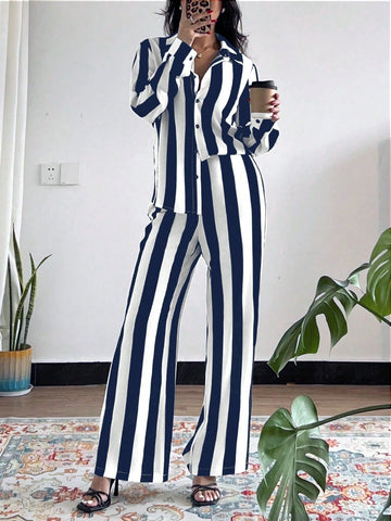 2pcs Women French Elegant Stripe Long Sleeve Buttoned Shirt And Wide Leg Pants