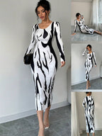 Calvaya Asymmetrical Print Bodycon Long Sleeve Midi Dress shein