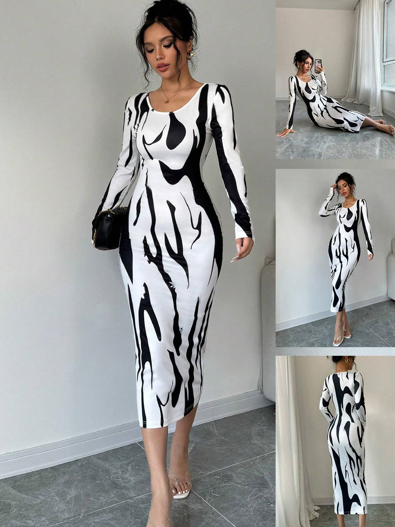 Calvaya Asymmetrical Print Bodycon Long Sleeve Midi Dress shein