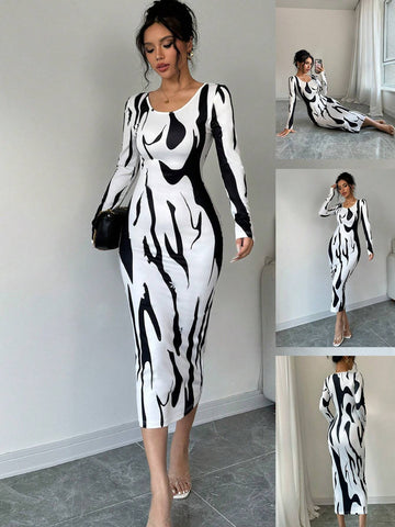 Calvaya Asymmetrical Print Bodycon Long Sleeve Midi Dress