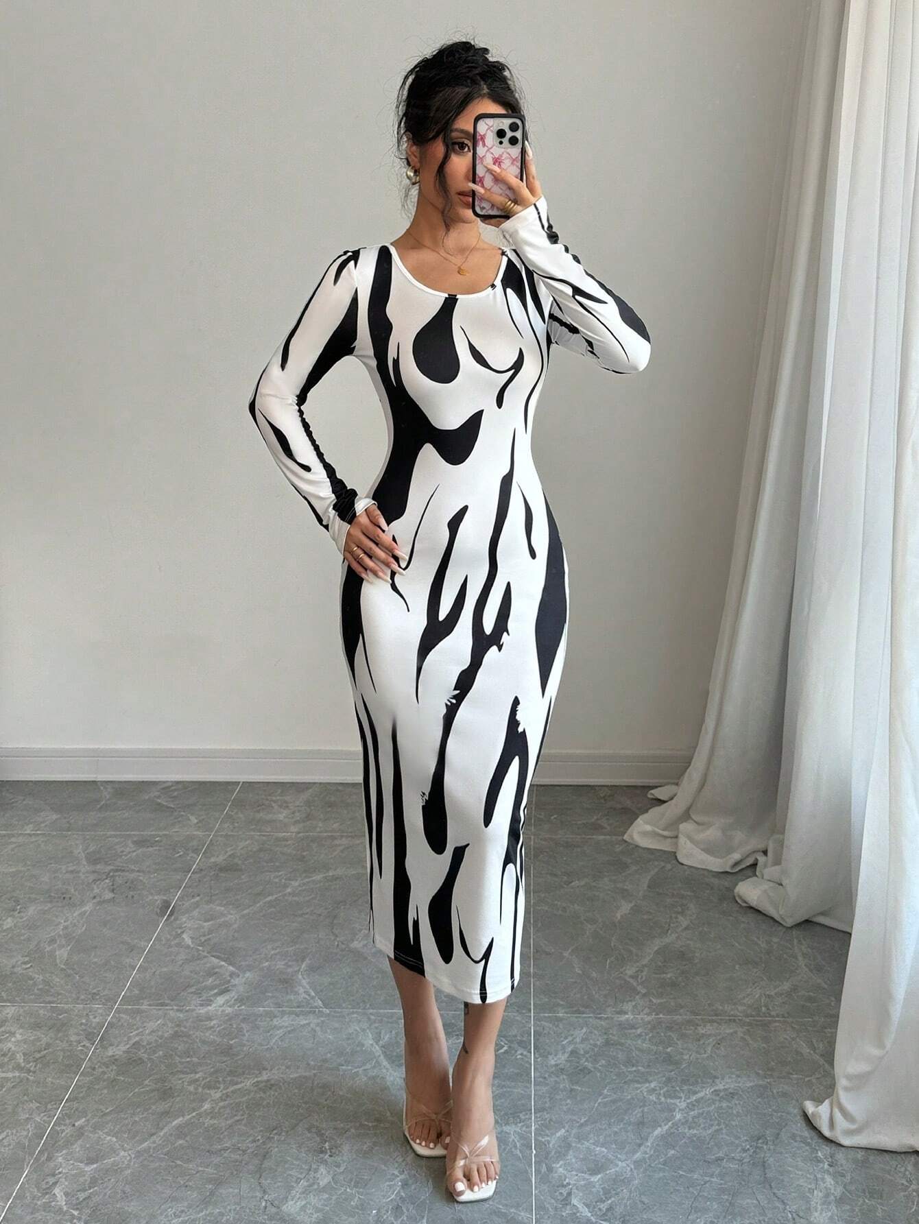 Calvaya Asymmetrical Print Bodycon Long Sleeve Midi Dress shein