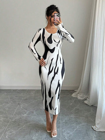 Calvaya Asymmetrical Print Bodycon Long Sleeve Midi Dress