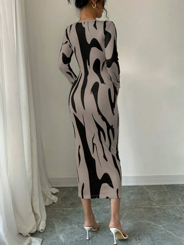 Calvaya Asymmetrical Print Bodycon Long Sleeve Midi Dress
