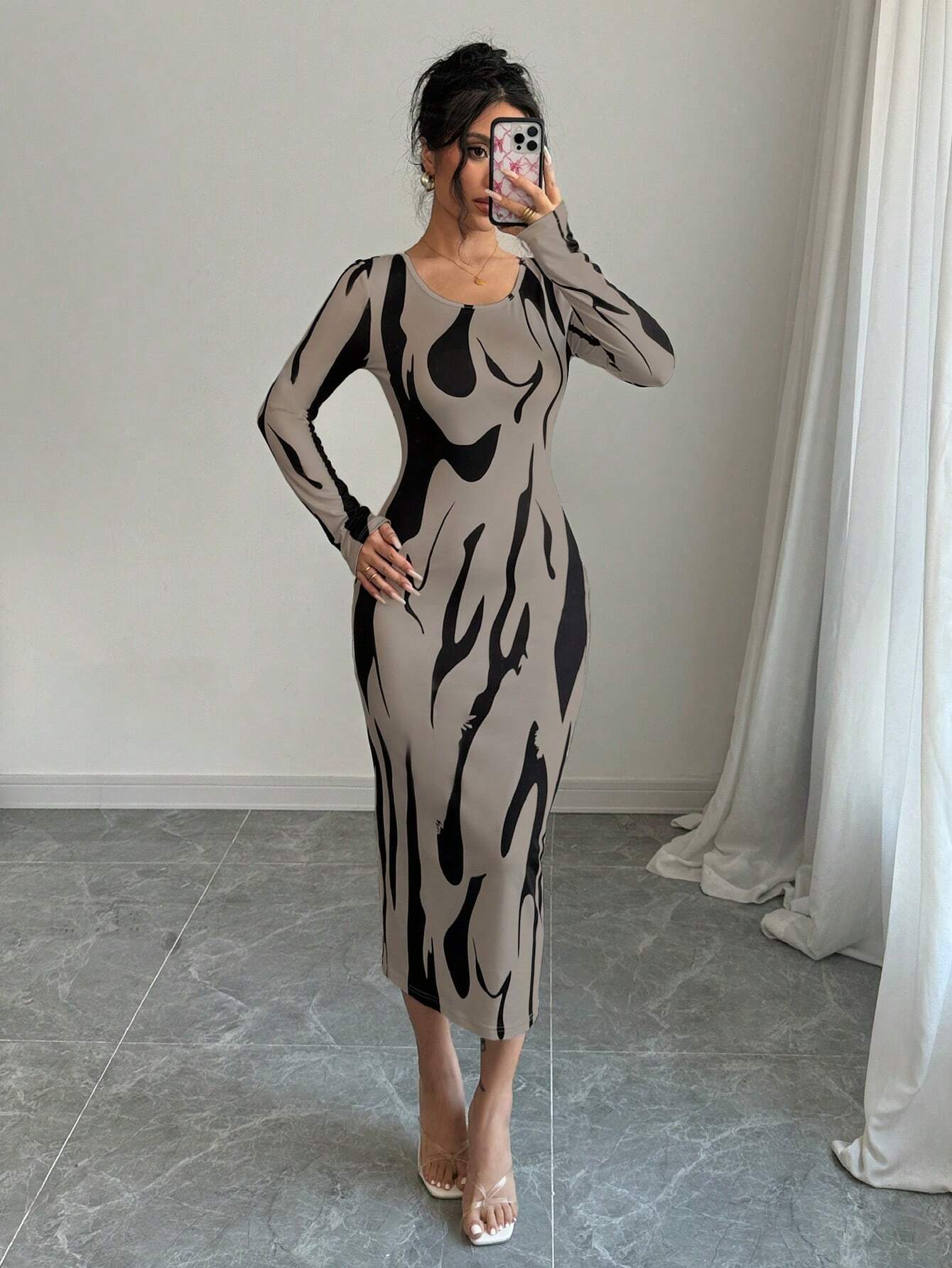 Calvaya Asymmetrical Print Bodycon Long Sleeve Midi Dress shein