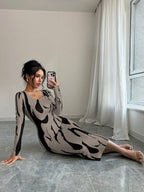 Calvaya Asymmetrical Print Bodycon Long Sleeve Midi Dress shein