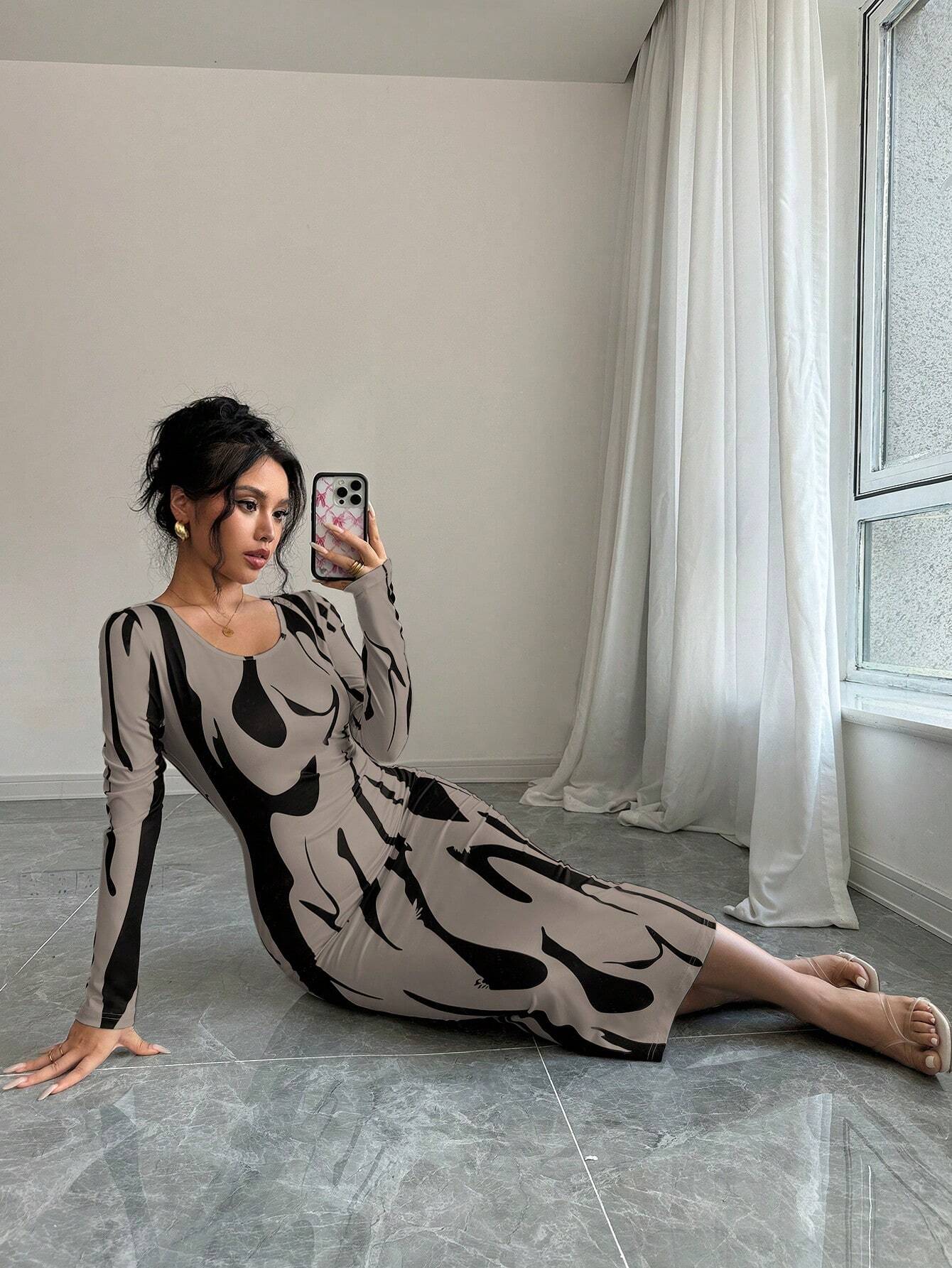 Calvaya Asymmetrical Print Bodycon Long Sleeve Midi Dress shein