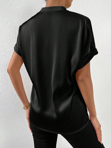 RosyDaze Solid Batwing Sleeve Satin Shirt