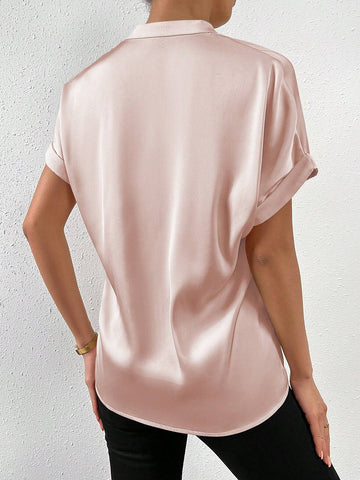 RosyDaze Solid Batwing Sleeve Satin Shirt