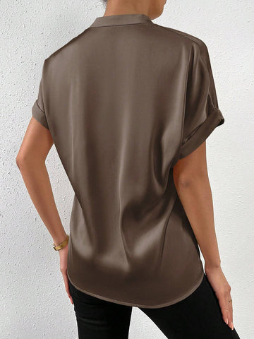 RosyDaze Solid Batwing Sleeve Satin Shirt