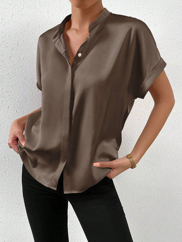 RosyDaze Solid Batwing Sleeve Satin Shirt