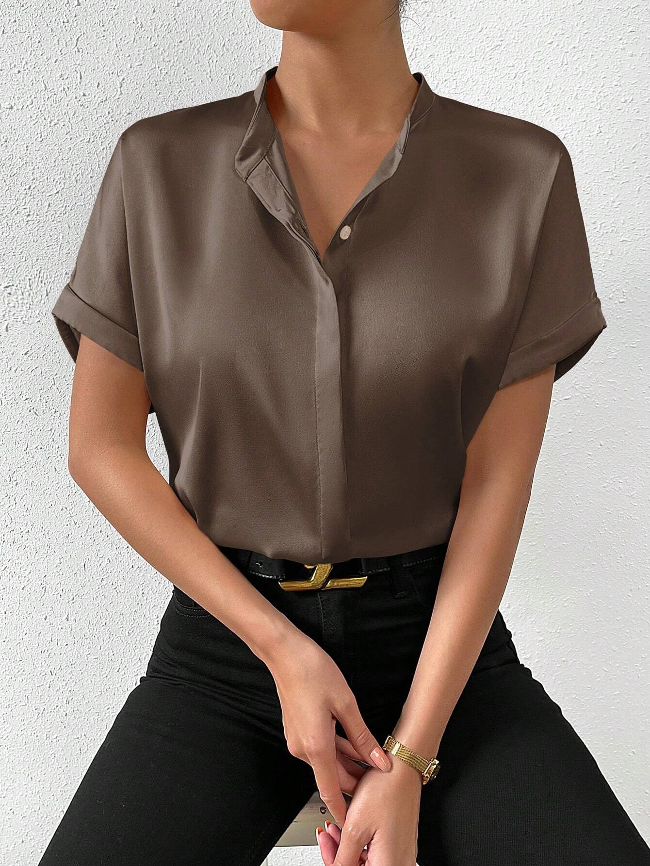 RosyDaze Solid Batwing Sleeve Satin Shirt