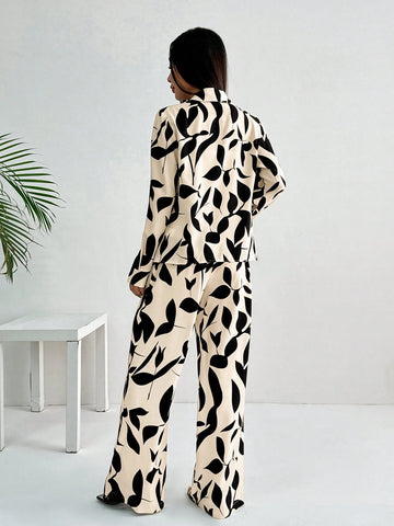 2pcs Women French Elegant Stripe Long Sleeve Buttoned Shirt And Wide Leg Pants