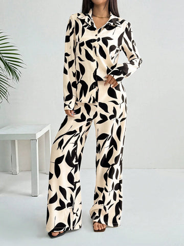 2pcs Women French Elegant Stripe Long Sleeve Buttoned Shirt And Wide Leg Pants