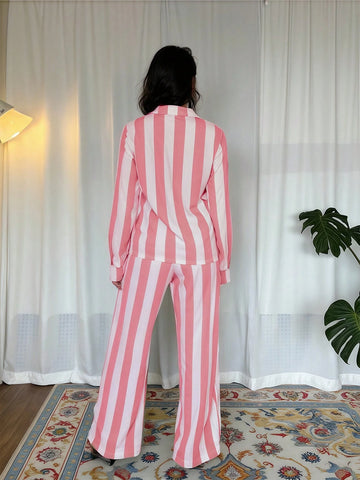 2pcs Women French Elegant Stripe Long Sleeve Buttoned Shirt And Wide Leg Pants