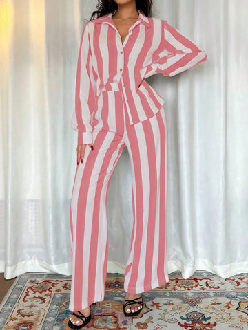 2pcs Women French Elegant Stripe Long Sleeve Buttoned Shirt And Wide Leg Pants