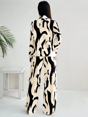 2pcs Women French Elegant Stripe Long Sleeve Buttoned Shirt And Wide Leg Pants