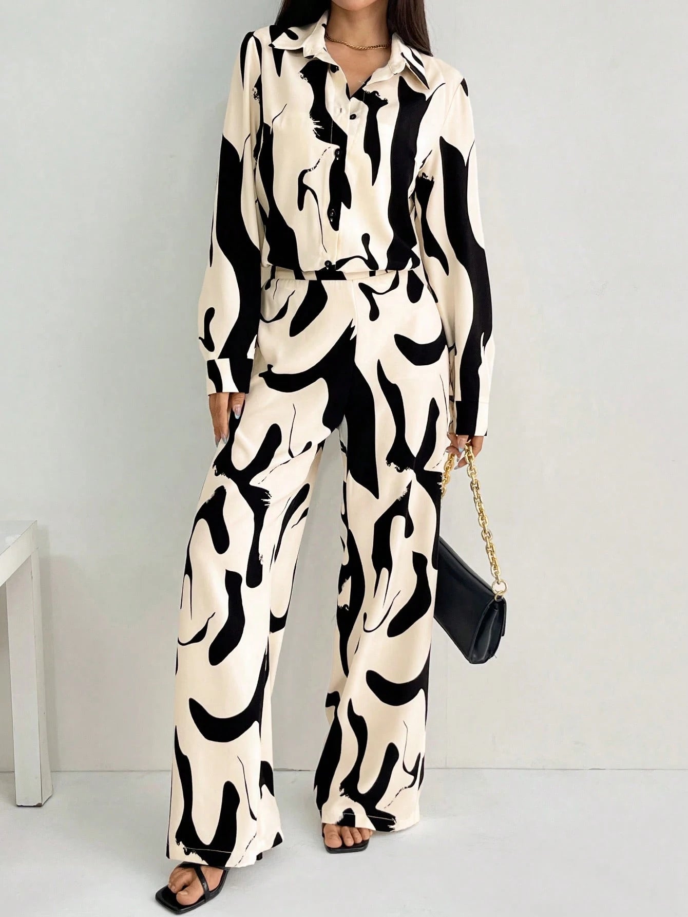 2pcs Women French Elegant Stripe Long Sleeve Buttoned Shirt And Wide Leg Pants shein