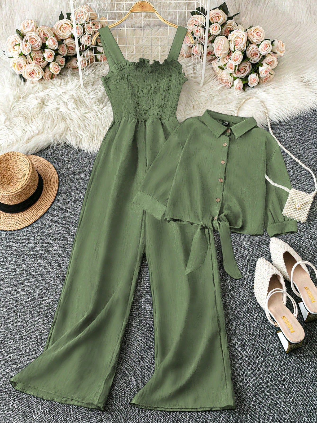 Women's Woven Leisure Vacation Summer Two Pieces Set shein
