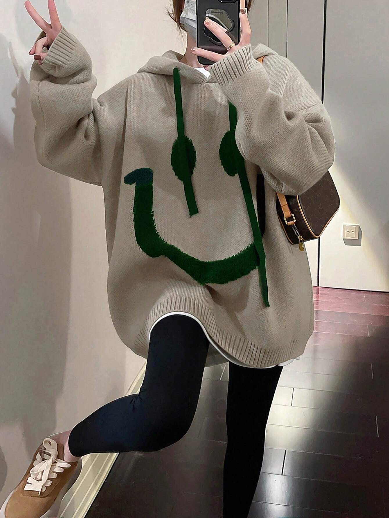 Cartoon Pattern Drop Shoulder Oversized Drawstring Hooded Sweater shein