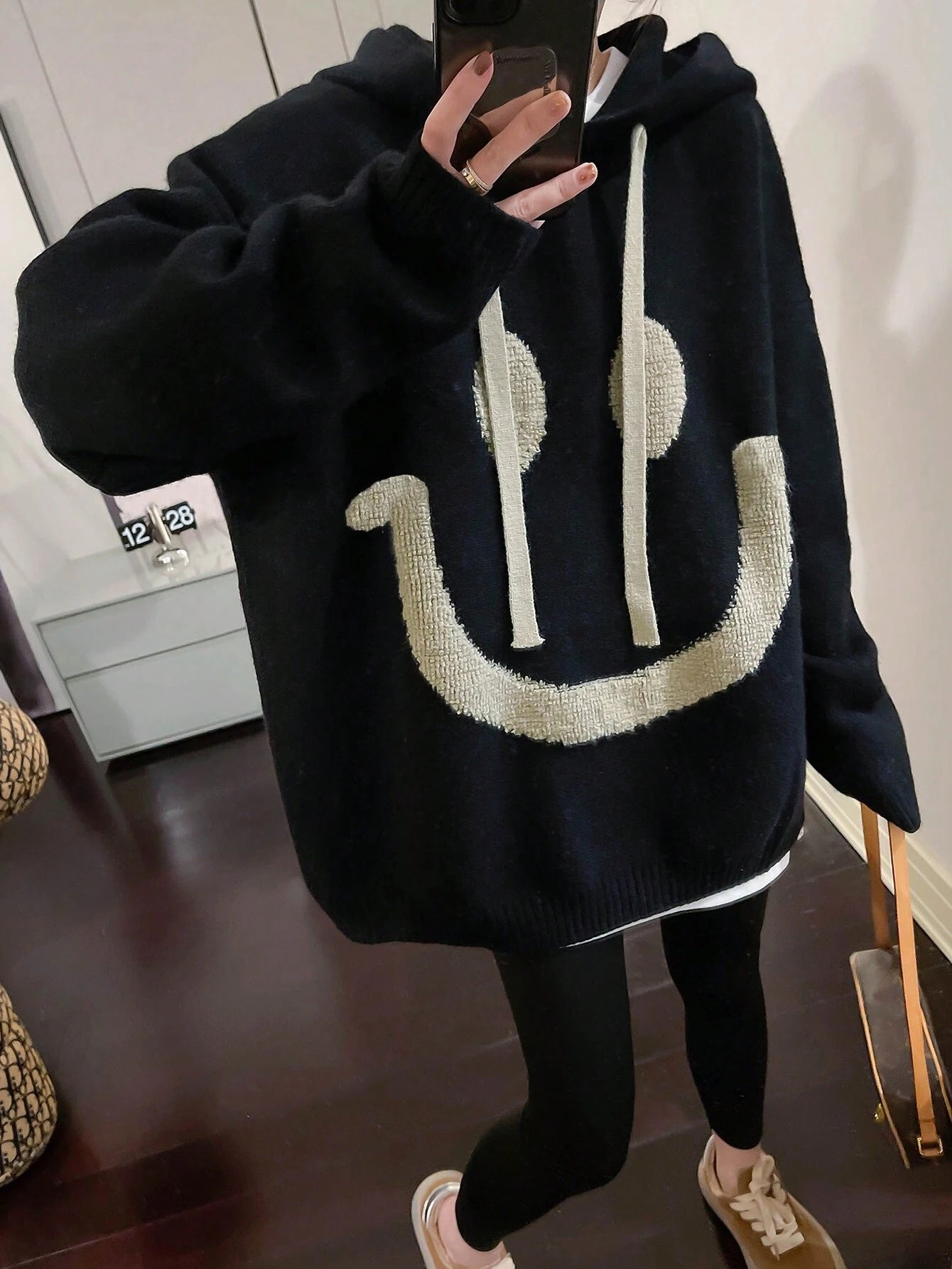 Cartoon Pattern Drop Shoulder Oversized Drawstring Hooded Sweater shein