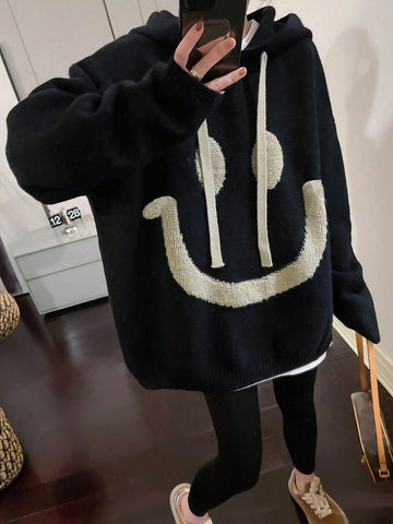 Cartoon Pattern Drop Shoulder Oversized Drawstring Hooded Sweater shein