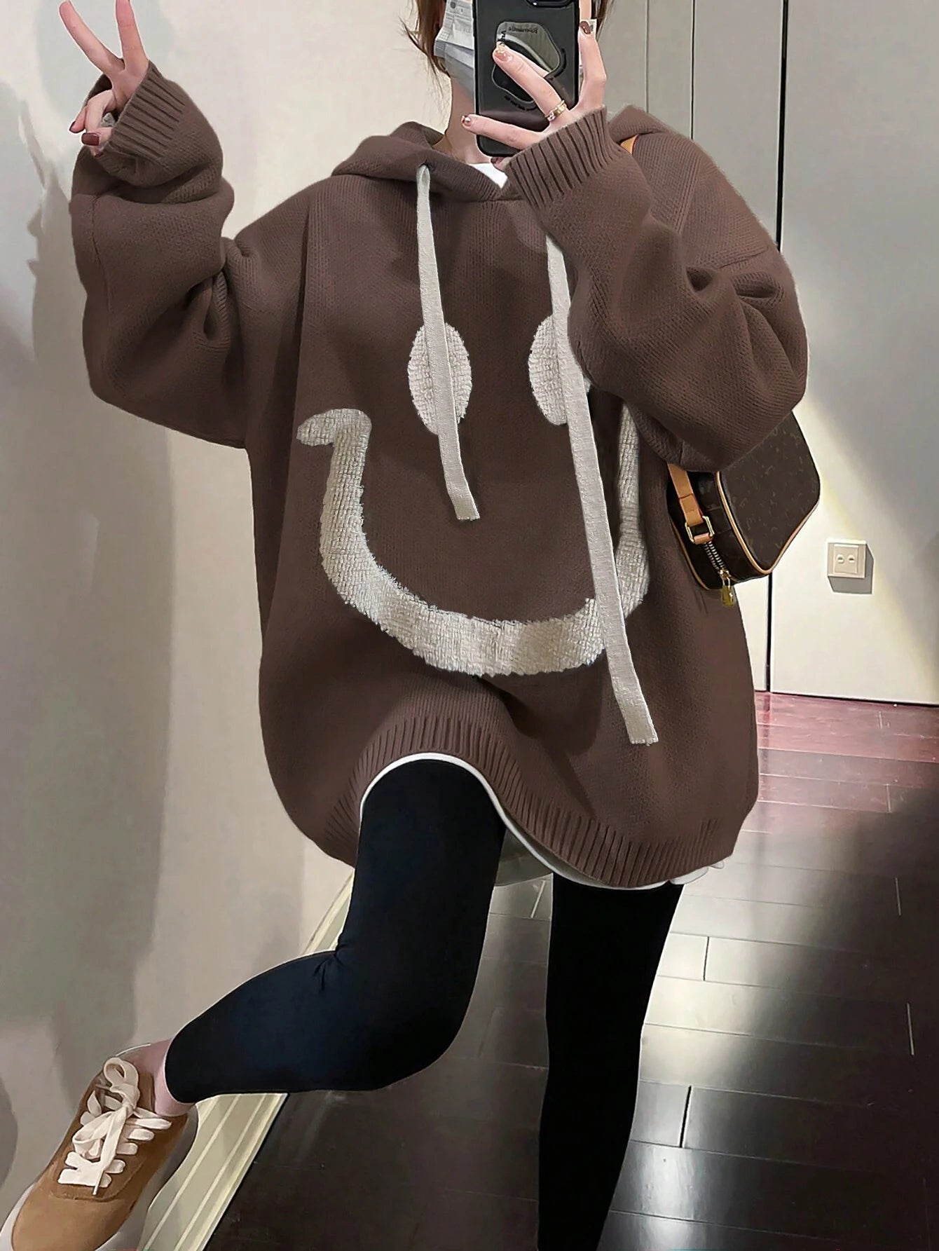 Cartoon Pattern Drop Shoulder Oversized Drawstring Hooded Sweater shein