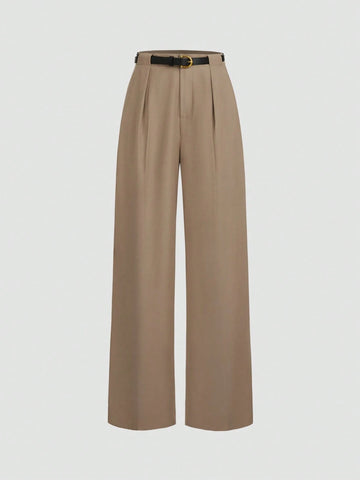 Women's High-Waisted Loose Pleat Front Straight Leg Pants With Belt