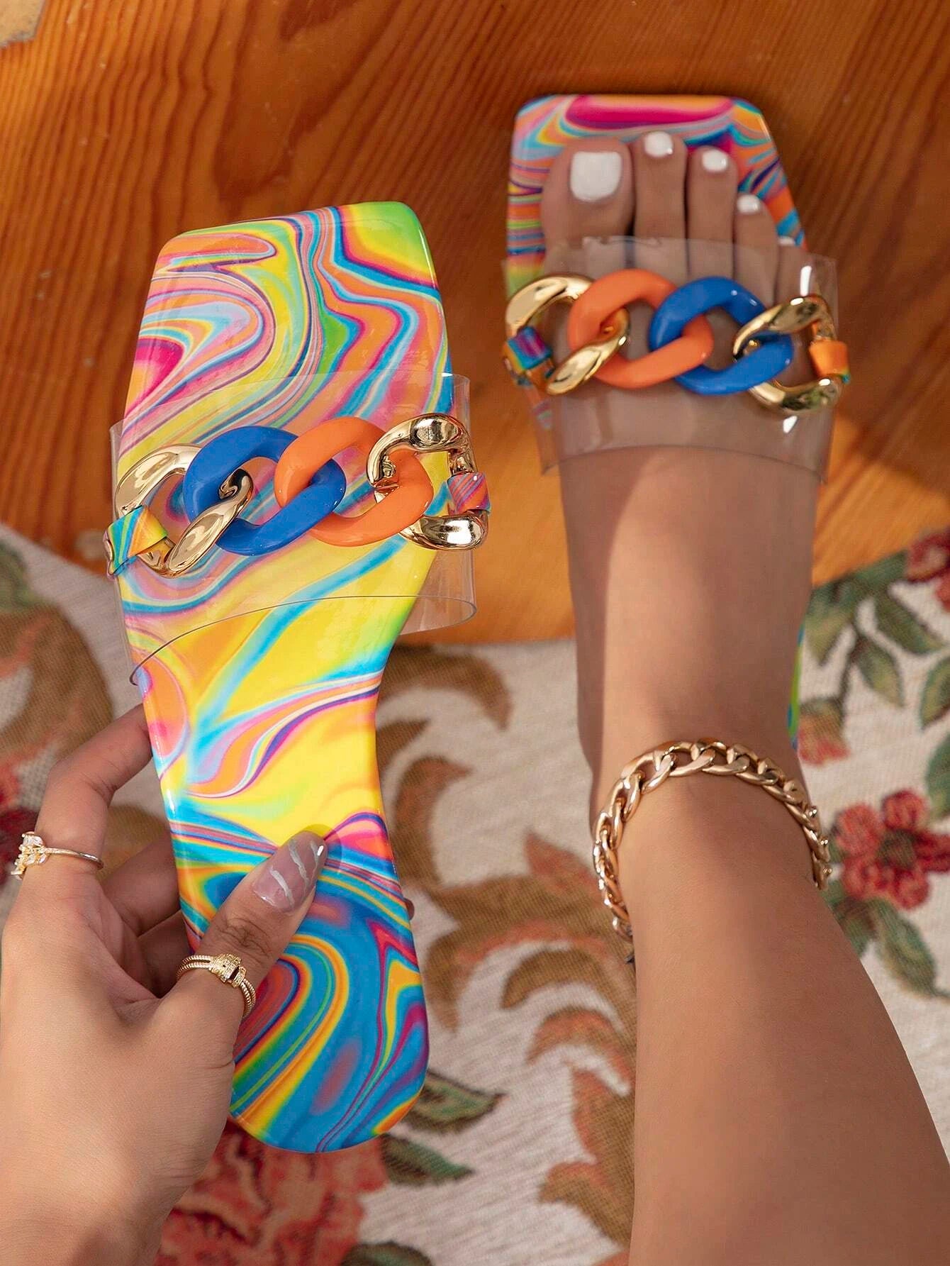 Chain Decor Clear Strap Slide Sandals shein