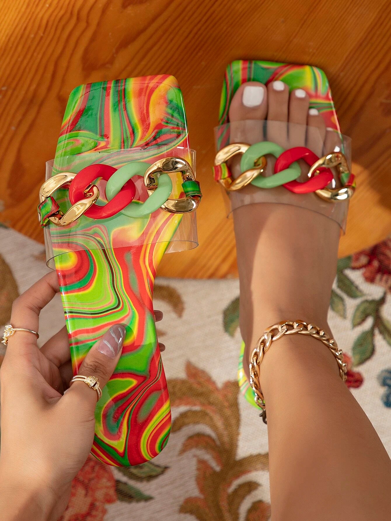 Chain Decor Clear Strap Slide Sandals shein