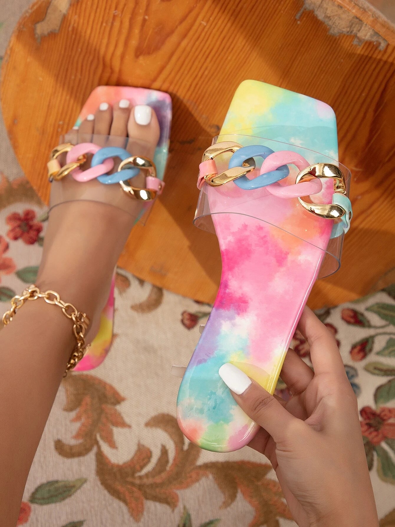 Chain Decor Clear Strap Slide Sandals shein
