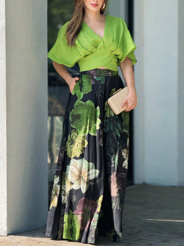 ChicMe Solid V Neck Short Sleeve Ruched Top Floral Print Pocket Design Leg Pants