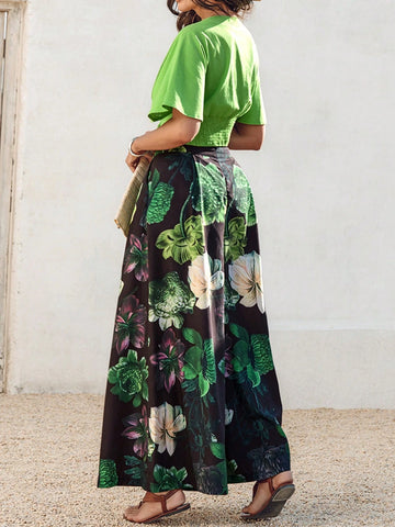 ChicMe Solid V Neck Short Sleeve Ruched Top Floral Print Pocket Design Leg Pants