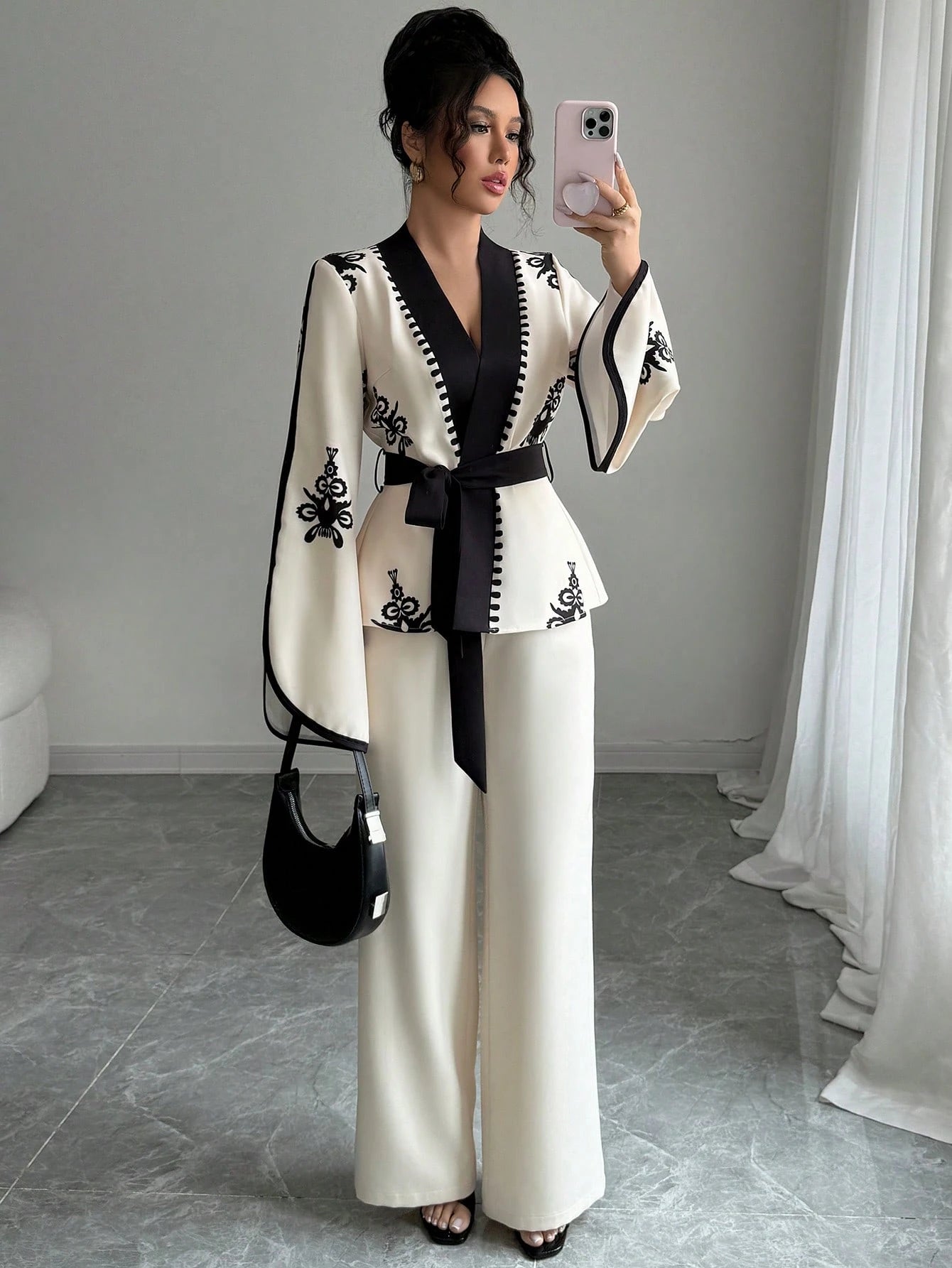 Tie-Up Waist Floral Print Splice Jacket And Matching Straight Loose Pants